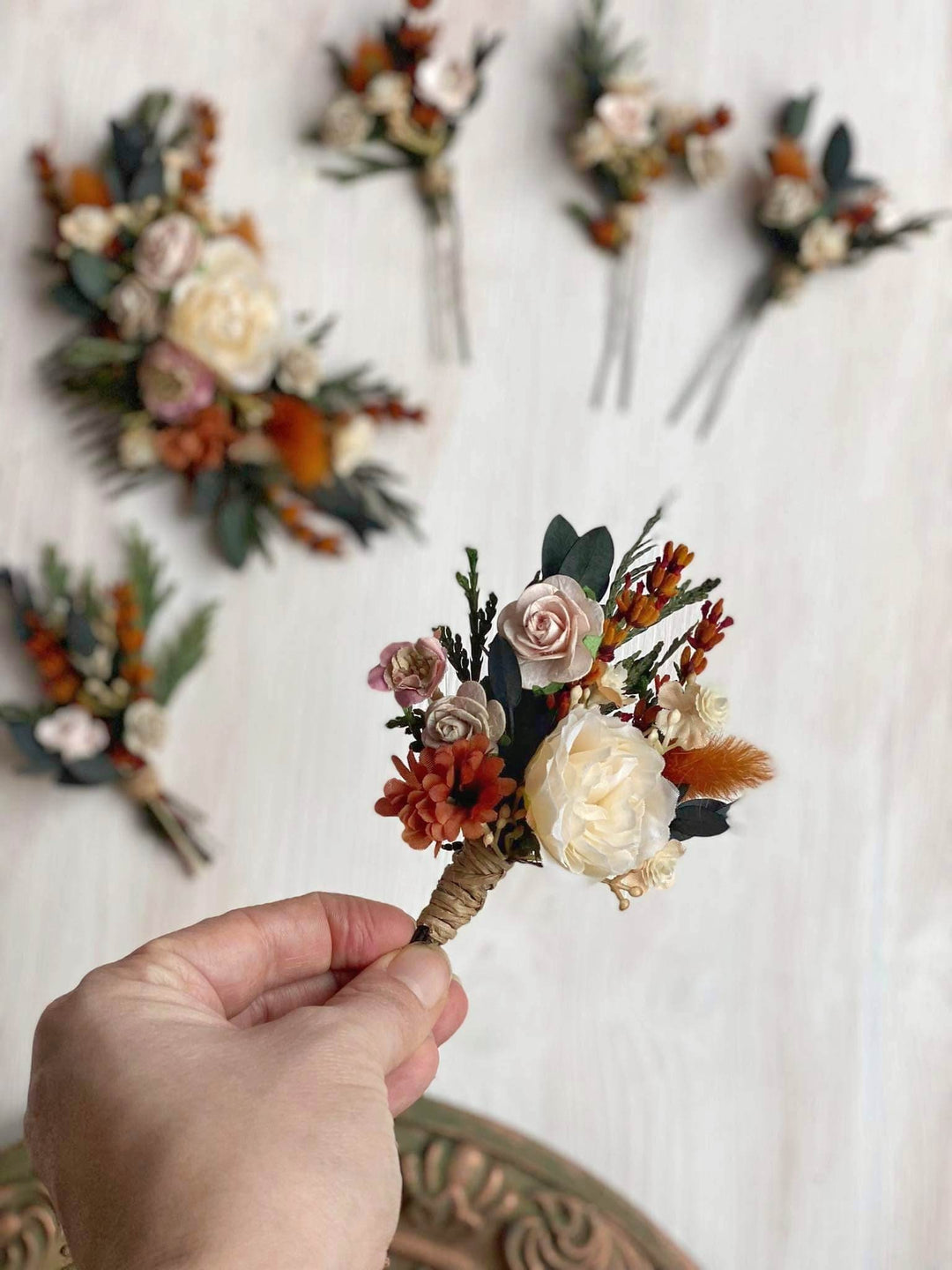 Autumn Wedding Corsage: Burnt Orange, Ivory & Pink Flower Bracelet – handmade floral hair accessory by magaela