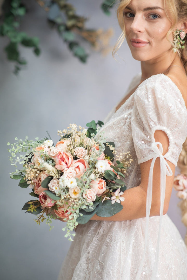 Blush Pink Peony Bridal Bouquet: Eucalyptus Wedding Accessory – handmade floral hair accessory by magaela