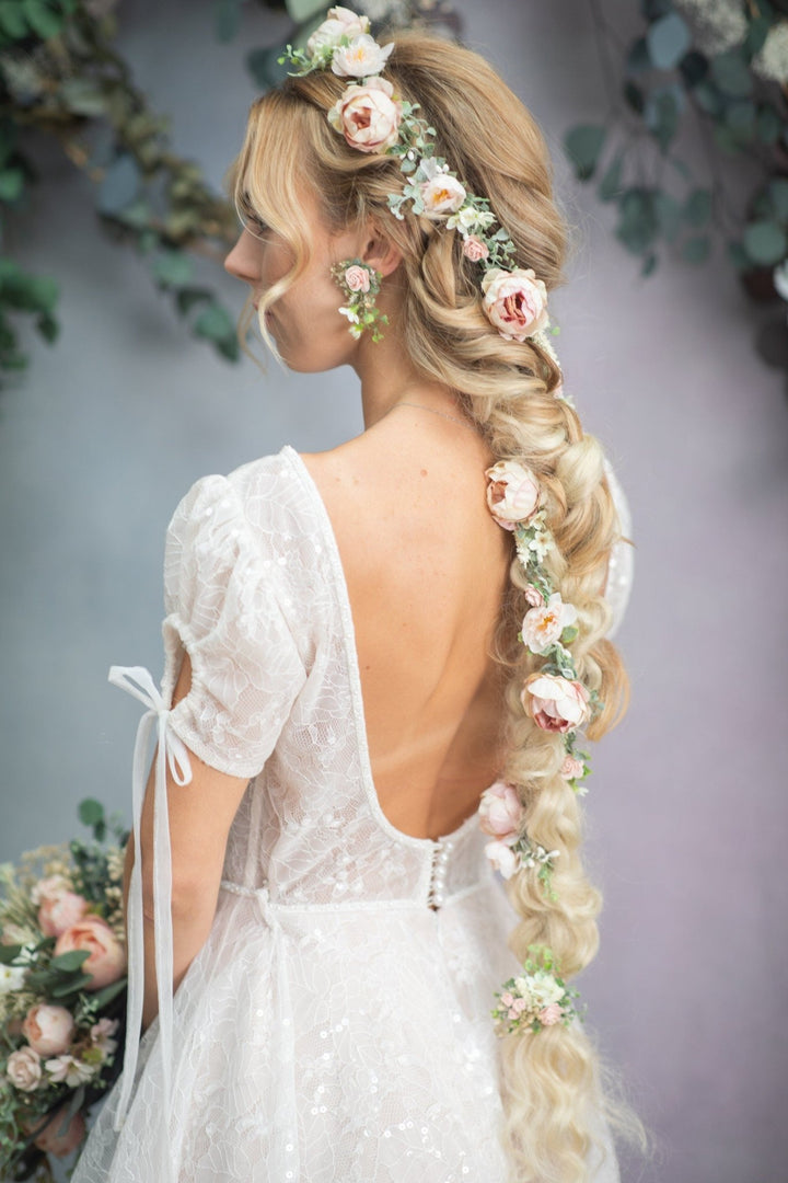 Peony Flower Wedding Hair Garland: Blush Pink Bridal Headpiece – handmade floral hair accessory by magaela