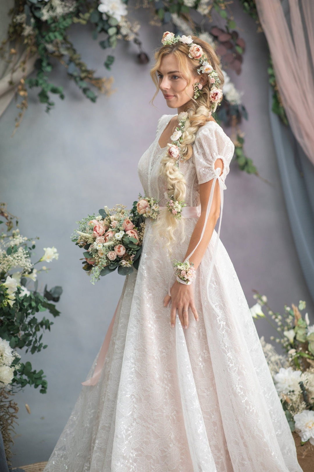 Peony Flower Wedding Hair Garland: Blush Pink Bridal Headpiece – handmade floral hair accessory by magaela