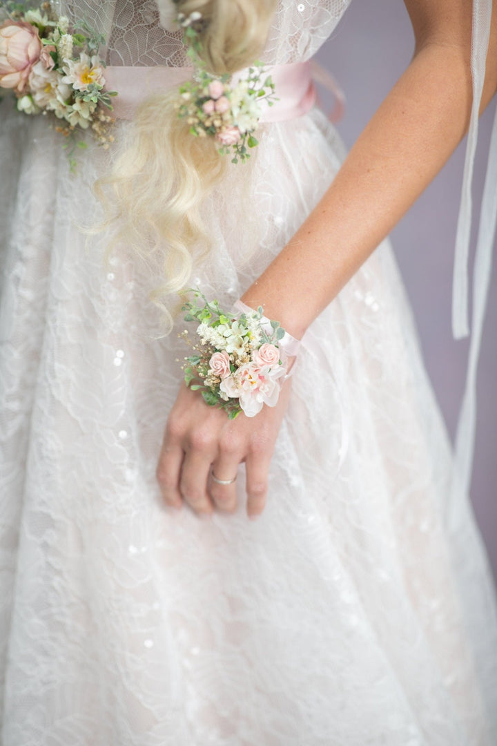 Blush Rose Wedding Corsage: Romantic Flower Bracelet with Ribbon – handmade floral hair accessory by magaela