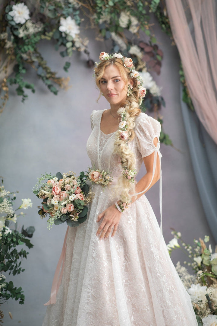 Blush Rose Wedding Corsage: Romantic Flower Bracelet with Ribbon – handmade floral hair accessory by magaela