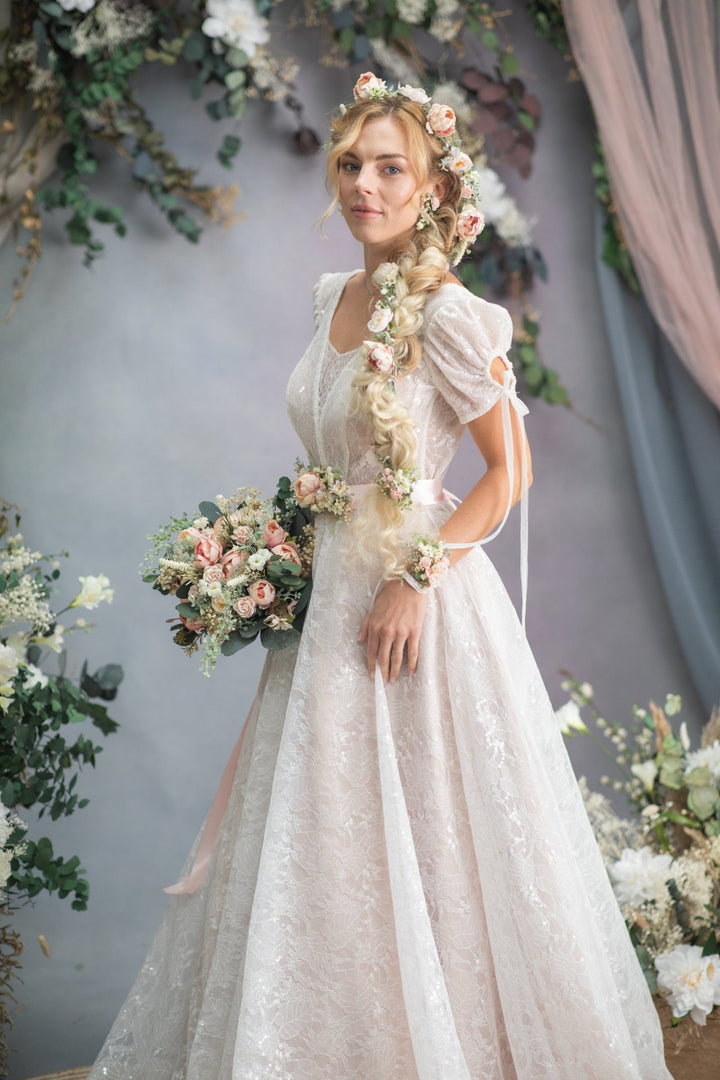 Blush Rose Wedding Corsage: Romantic Flower Bracelet with Ribbon – handmade floral hair accessory by magaela