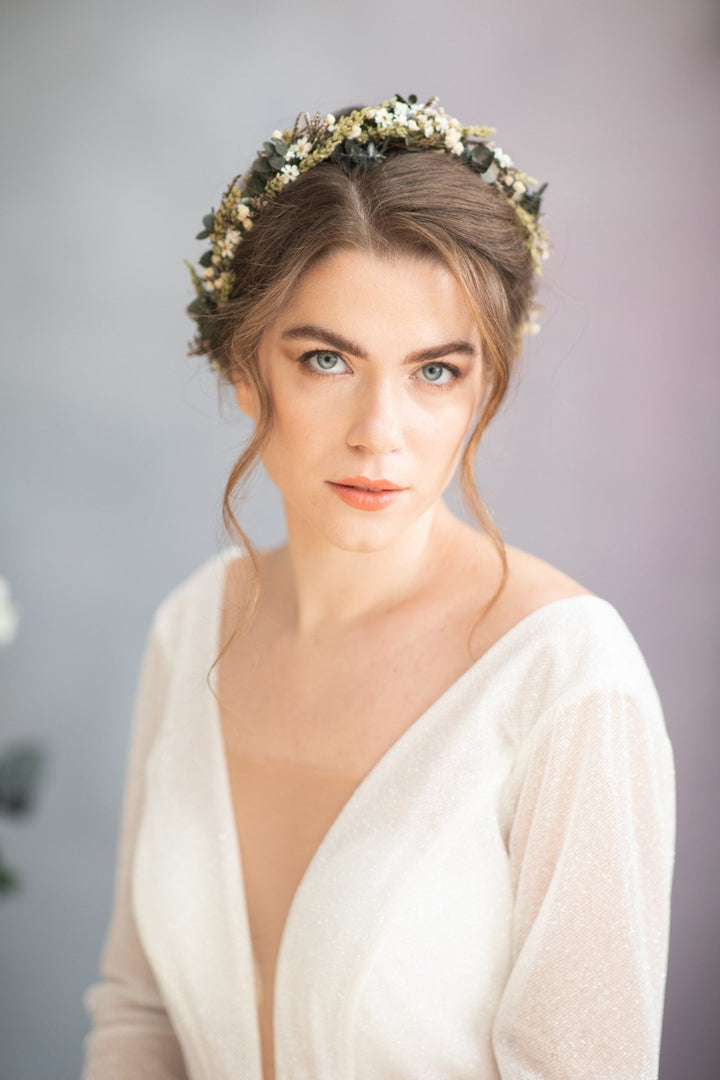 Eukalyptus-Hochzeitshaaraccessoires: Grüner Blumenkranz, Ansteckblume & Haarkamm