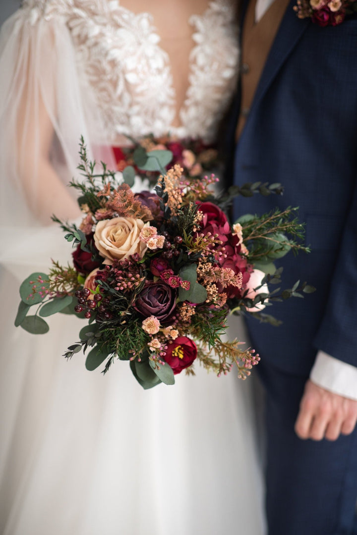 Burgundy Eucalyptus Wedding Bouquet: Dark Red Peony Roses, Autumn Floral – handmade floral hair accessory by magaela