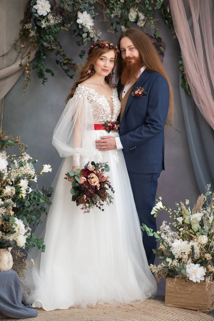 Burgundy Eucalyptus Wedding Bouquet: Dark Red Peony Roses, Autumn Floral – handmade floral hair accessory by magaela