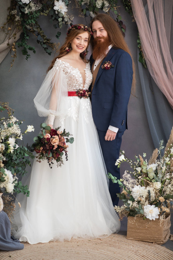 Burgundy Flower Half Wreath: Wedding Crown Headpiece – handmade floral hair accessory by magaela