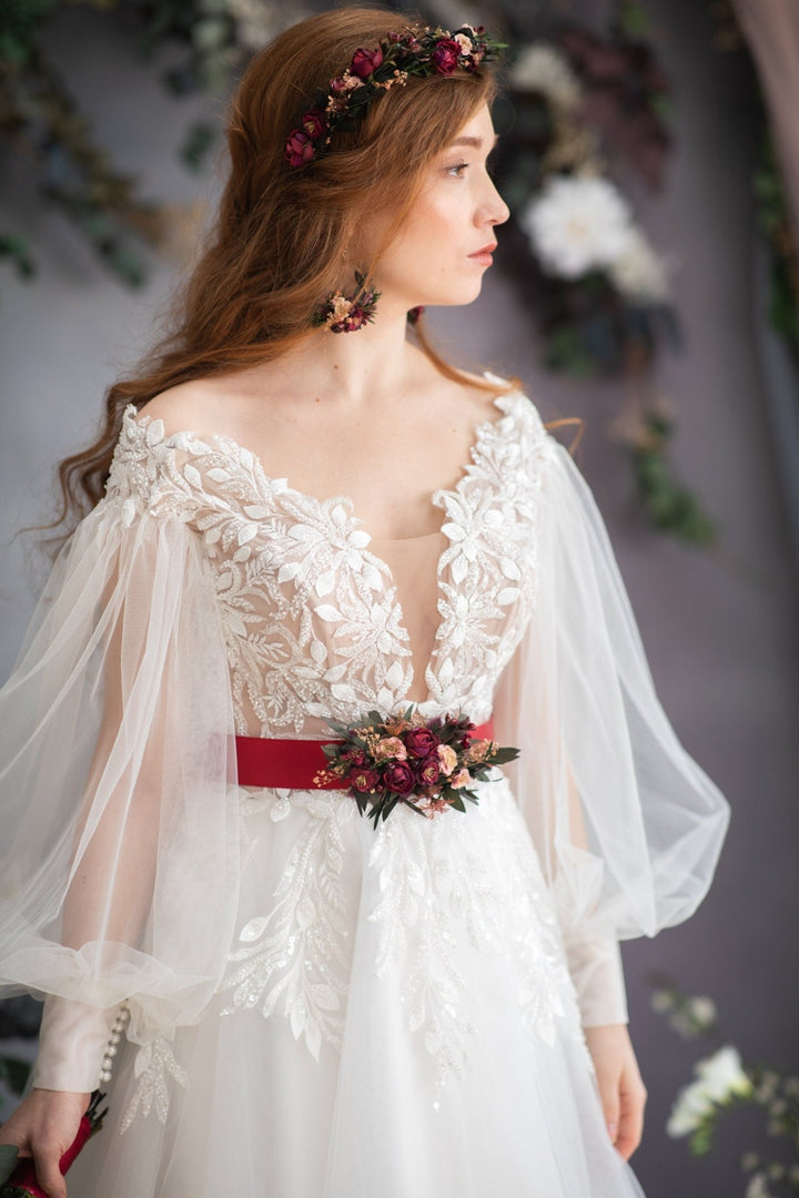 Burgundy Flower Half Wreath: Wedding Crown Headpiece – handmade floral hair accessory by magaela