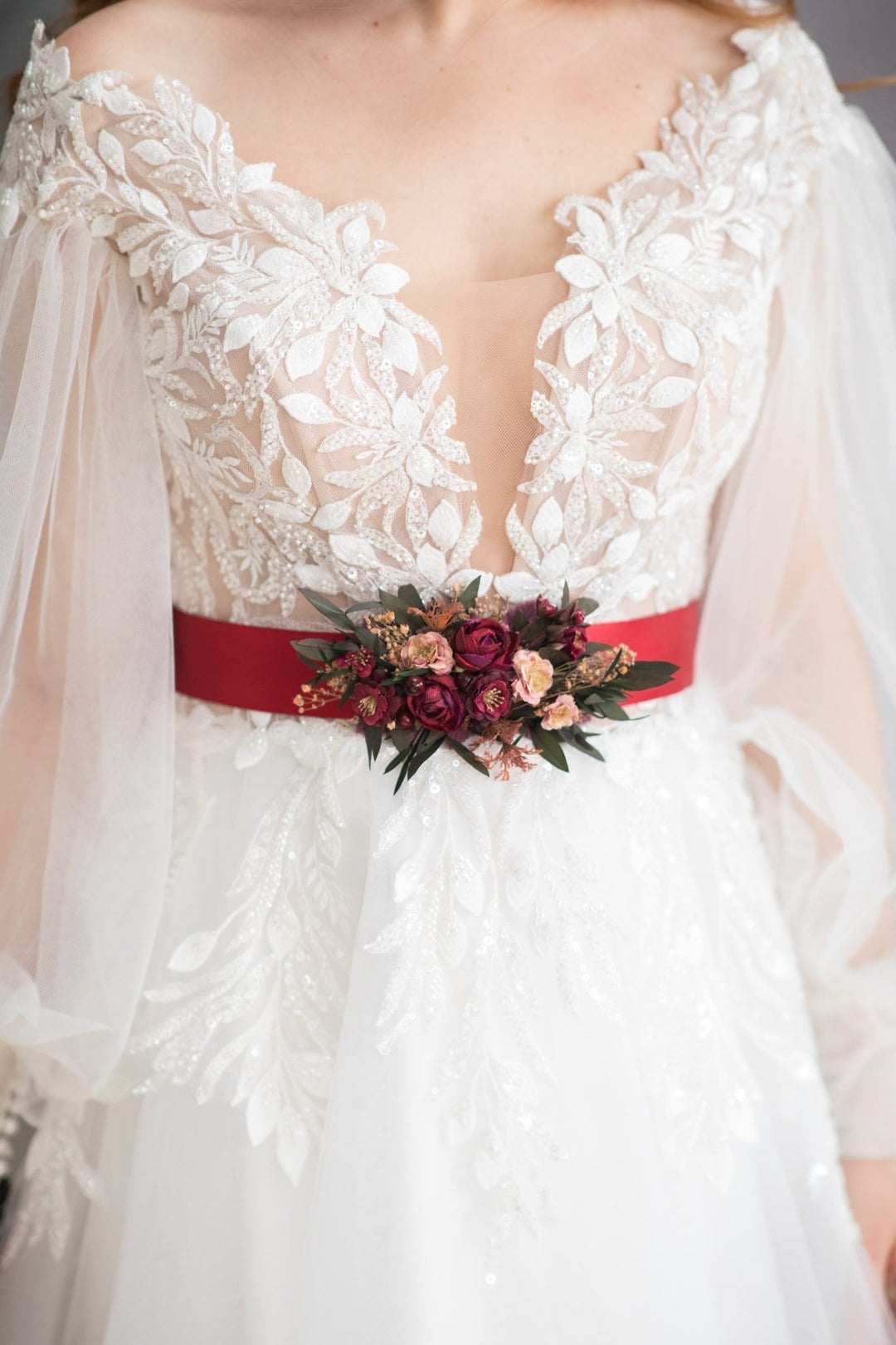 Burgundy Flower Wedding Belt: Dark Pink Bridal Sash – handmade floral hair accessory by magaela