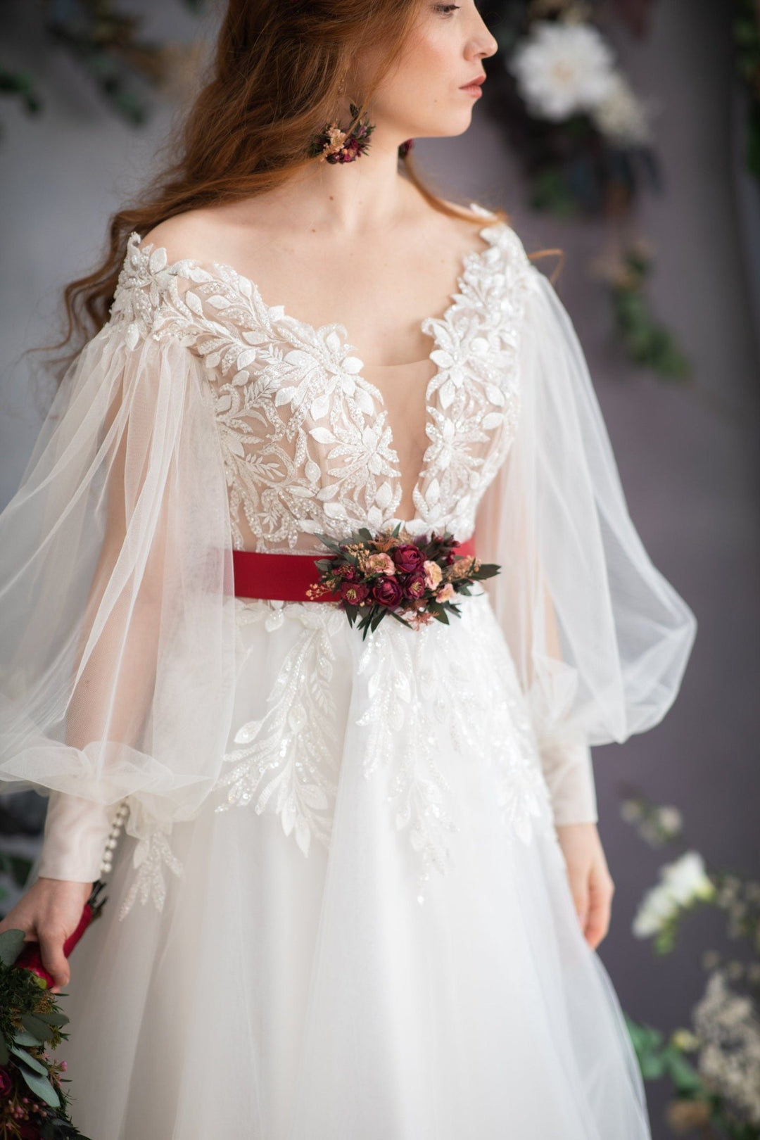 Burgundy Flower Wedding Belt: Dark Pink Bridal Sash – handmade floral hair accessory by magaela