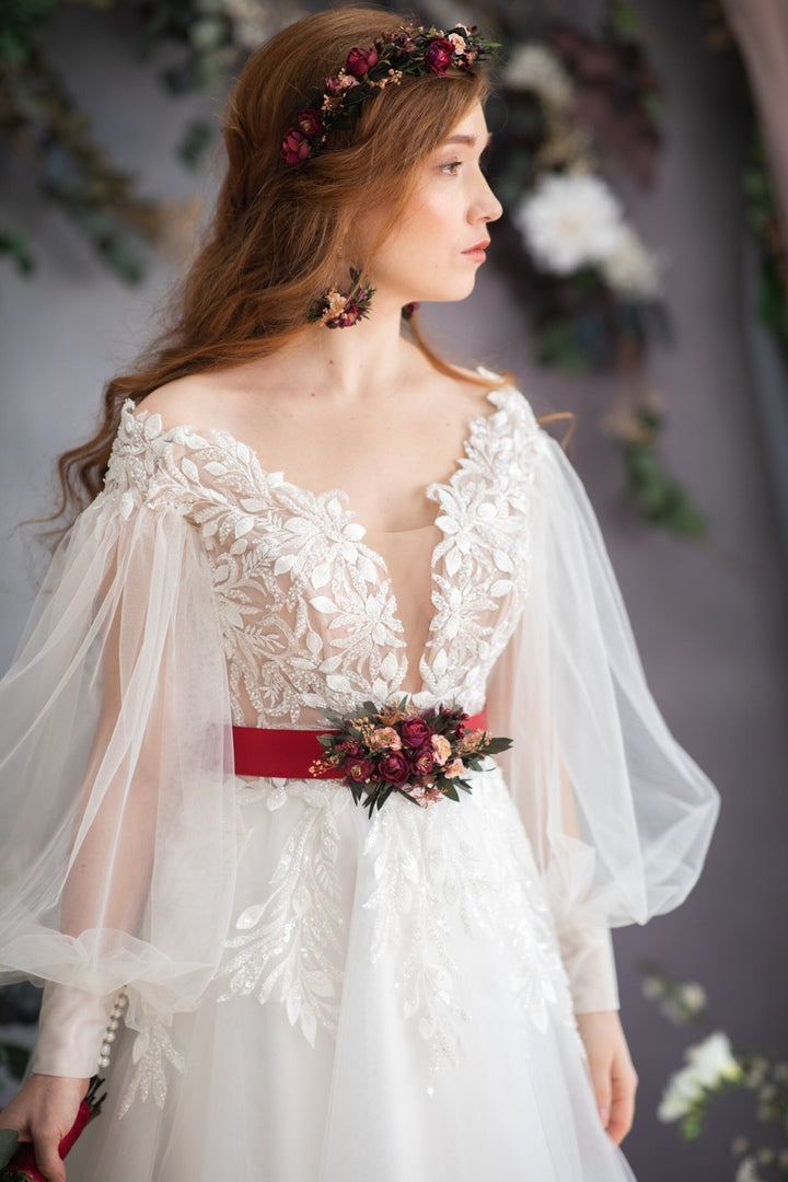 Burgundy Flower Wedding Belt: Dark Pink Bridal Sash – handmade floral hair accessory by magaela