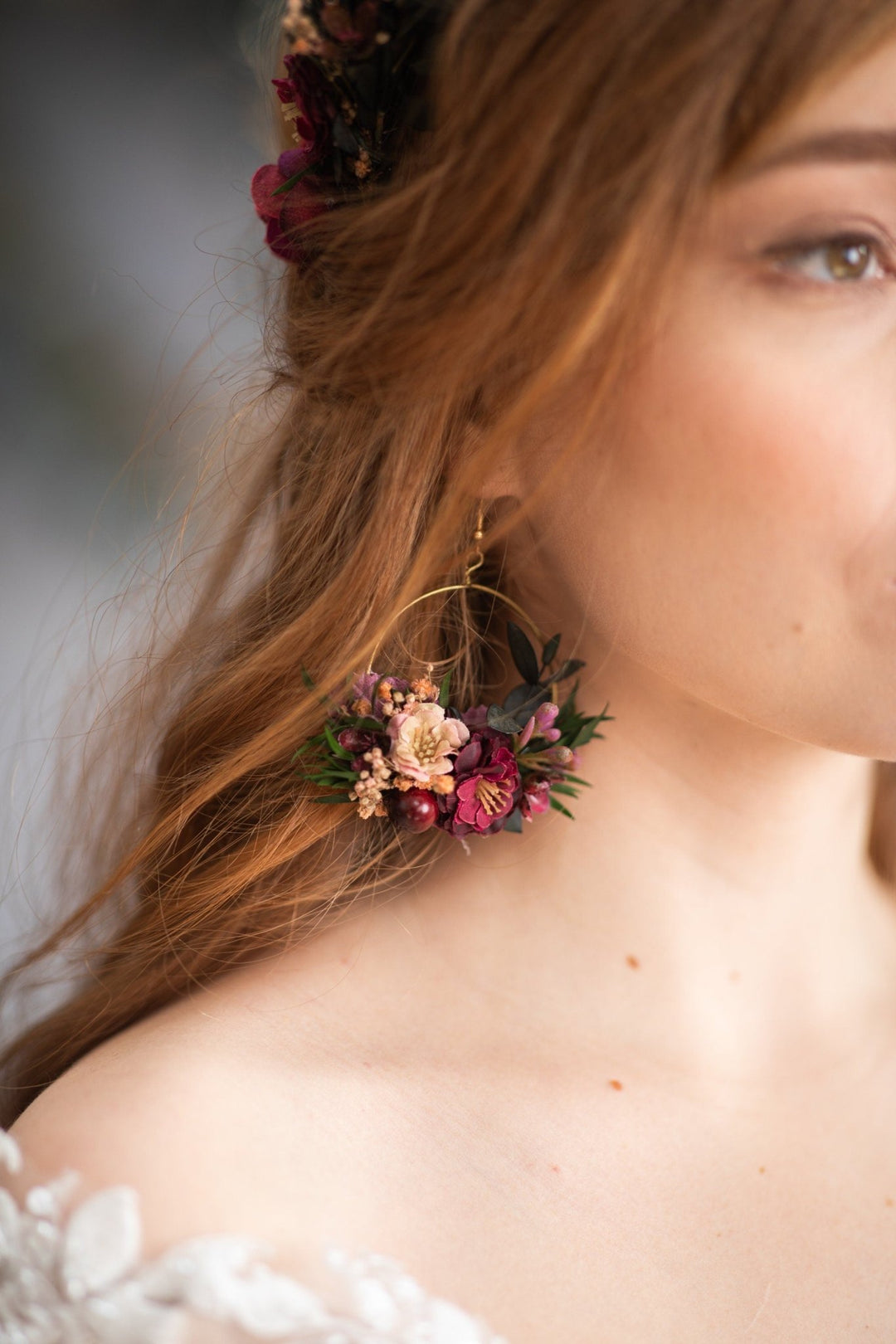 Burgundy Floral Hoop Earrings: Romantic Wedding Jewelry – handmade floral hair accessory by magaela
