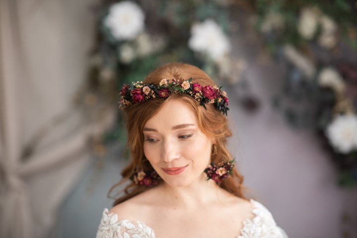 Burgundy Floral Hoop Earrings: Romantic Wedding Jewelry – handmade floral hair accessory by magaela