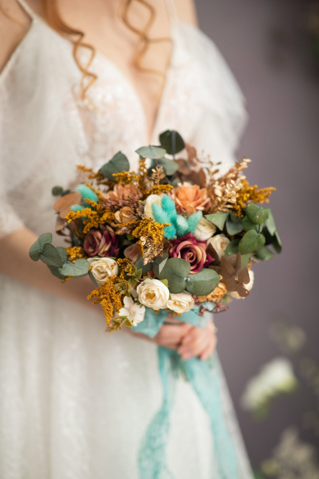 Autumn Wedding Bouquet: Ivory Roses, Turquoise Bunny Tails, Eucalyptus – handmade floral hair accessory by magaela