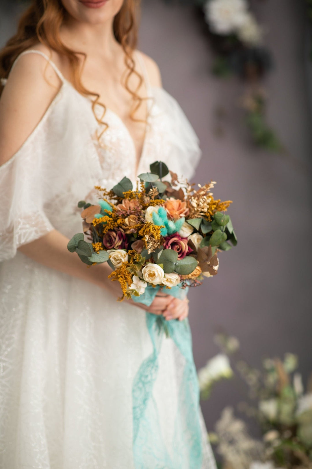 Autumn Wedding Bouquet: Ivory Roses, Turquoise Bunny Tails, Eucalyptus – handmade floral hair accessory by magaela