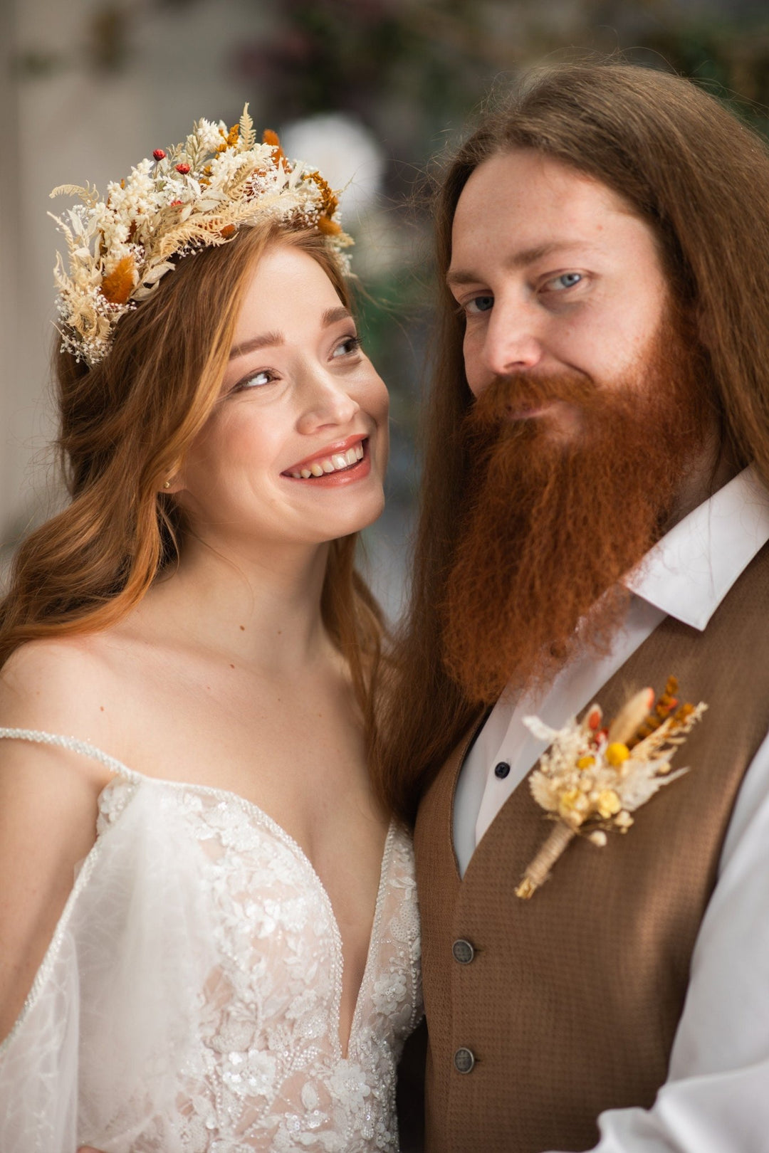 Large Boho Dried Flower Wedding Crown: Burnt Orange & Ivory – handmade floral hair accessory by magaela