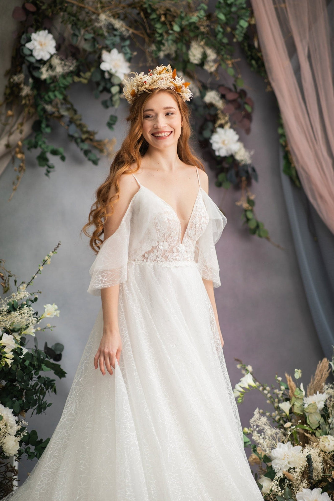 Large Boho Dried Flower Wedding Crown: Burnt Orange & Ivory – handmade floral hair accessory by magaela