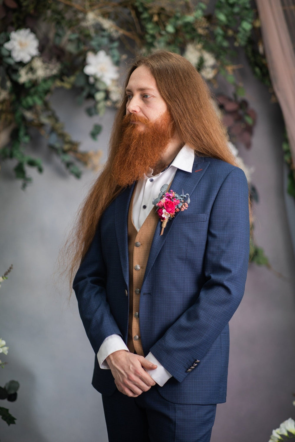 Magenta Rose Groom Corsage: Eucalyptus Wedding Boutonniere – handmade floral hair accessory by magaela