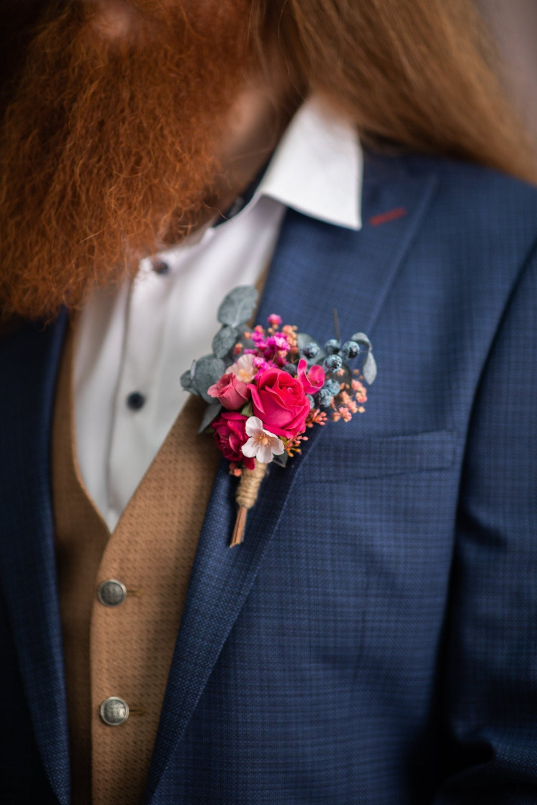 Magenta Rose Groom Corsage: Eucalyptus Wedding Boutonniere – handmade floral hair accessory by magaela