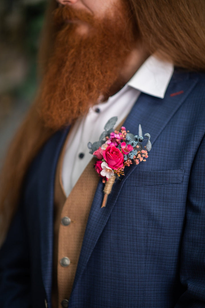 Magenta Rose Groom Corsage: Eucalyptus Wedding Boutonniere – handmade floral hair accessory by magaela