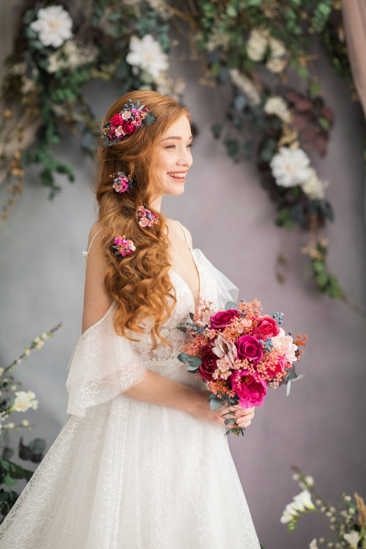 Magenta Rose Bridal Bouquet: Fuchsia Wedding Accessories – handmade floral hair accessory by magaela