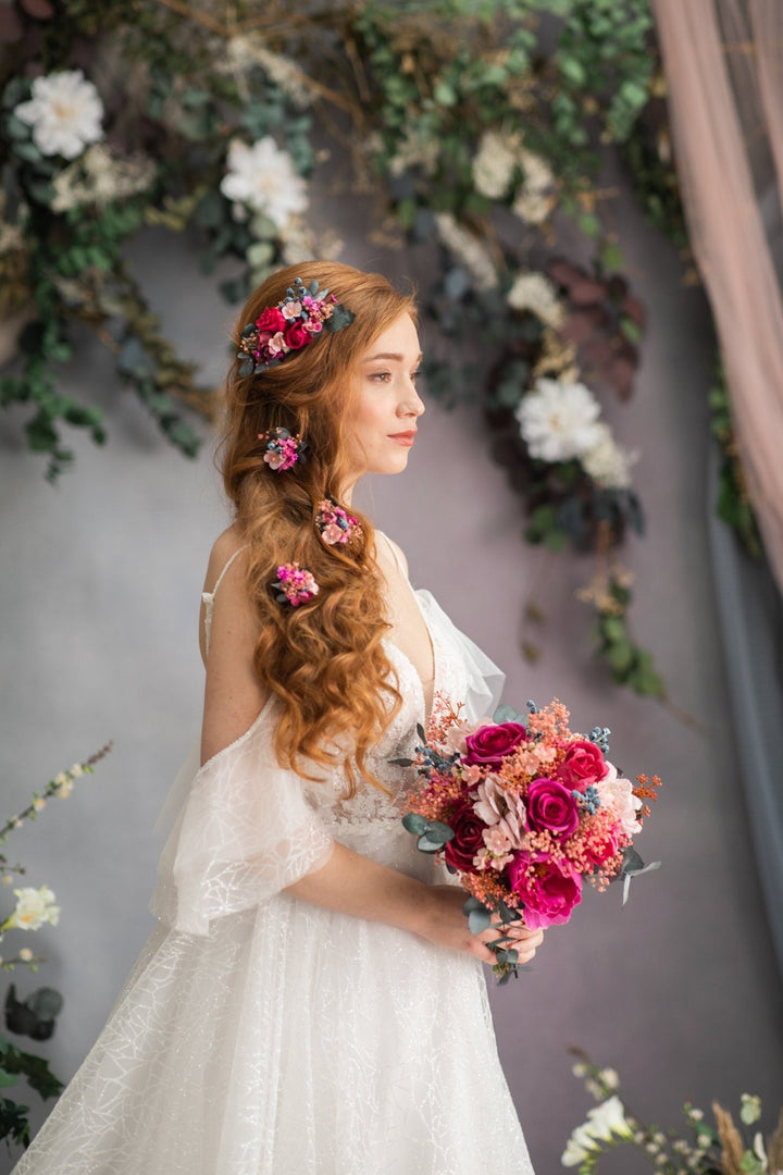 Magenta Flower Hair Comb & Pins: Bridal Hair Accessories – handmade floral hair accessory by magaela