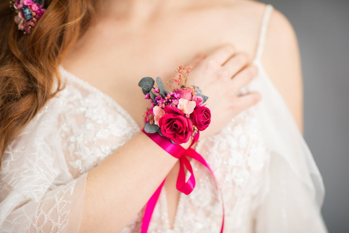 Magenta Rose Wrist Corsage: Fuchsia Flower Bridal Bracelet – handmade floral hair accessory by magaela