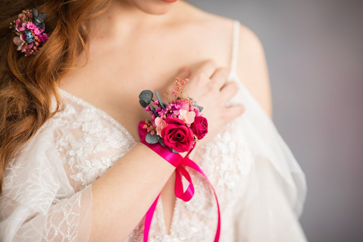 Magenta Rose Wrist Corsage: Fuchsia Flower Bridal Bracelet – handmade floral hair accessory by magaela