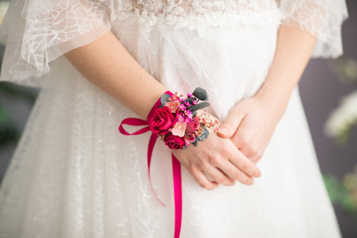 Magenta Rose Wrist Corsage: Fuchsia Flower Bridal Bracelet – handmade floral hair accessory by magaela