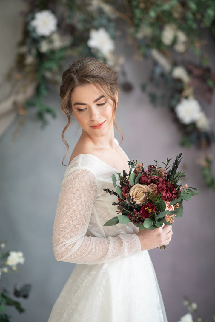 Burgundy Cream Wedding Bouquet: Eucalyptus & Roses, Fall Bridal Bouquet – handmade floral hair accessory by magaela