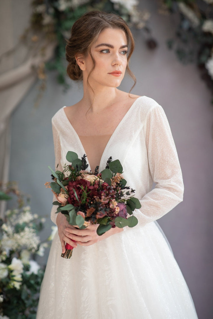 Burgundy Cream Wedding Bouquet: Eucalyptus & Roses, Fall Bridal Bouquet – handmade floral hair accessory by magaela