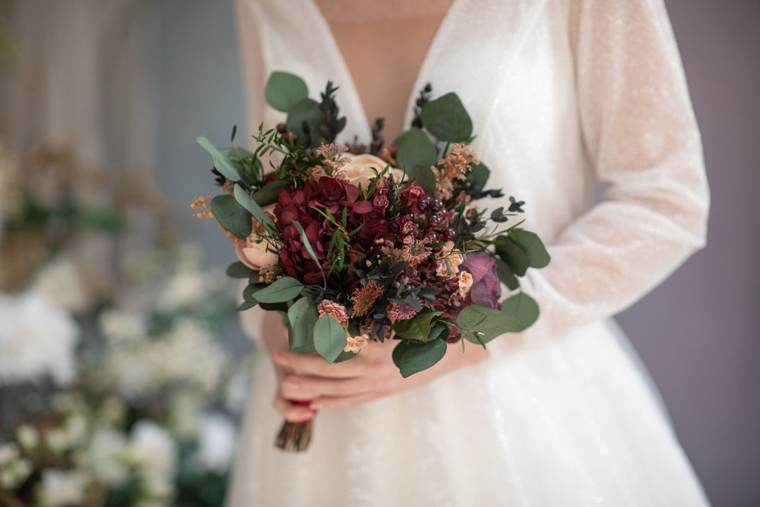 Burgundy Cream Wedding Bouquet: Eucalyptus & Roses, Fall Bridal Bouquet – handmade floral hair accessory by magaela