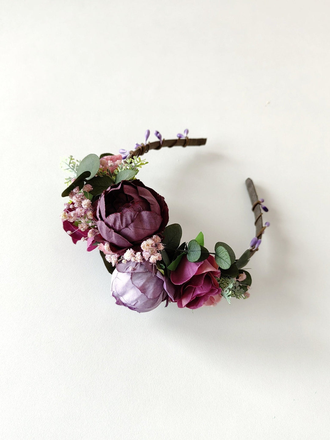 Purple Flower Girl Headband: Violet Peony & Eucalyptus Crown – handmade floral hair accessory by magaela