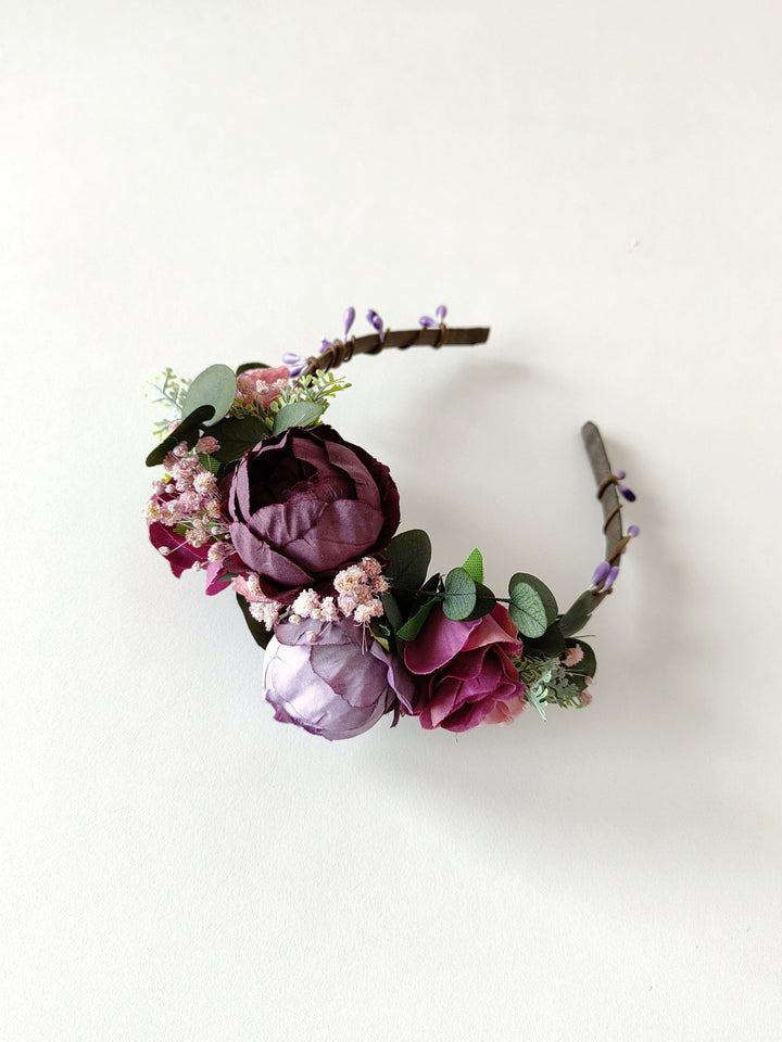 Purple Flower Girl Headband: Violet Peony & Eucalyptus Crown – handmade floral hair accessory by magaela