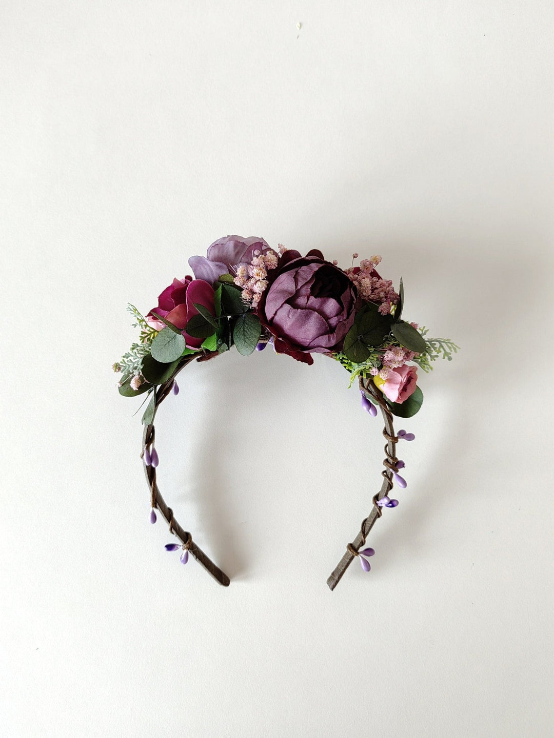 Purple Flower Girl Headband: Violet Peony & Eucalyptus Crown – handmade floral hair accessory by magaela