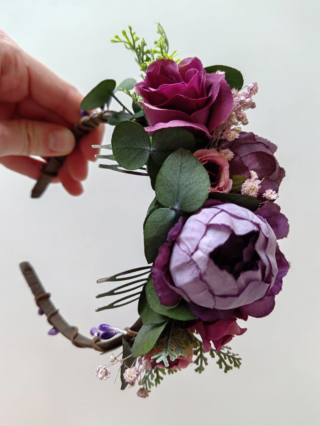 Purple Flower Girl Headband: Violet Peony & Eucalyptus Crown – handmade floral hair accessory by magaela