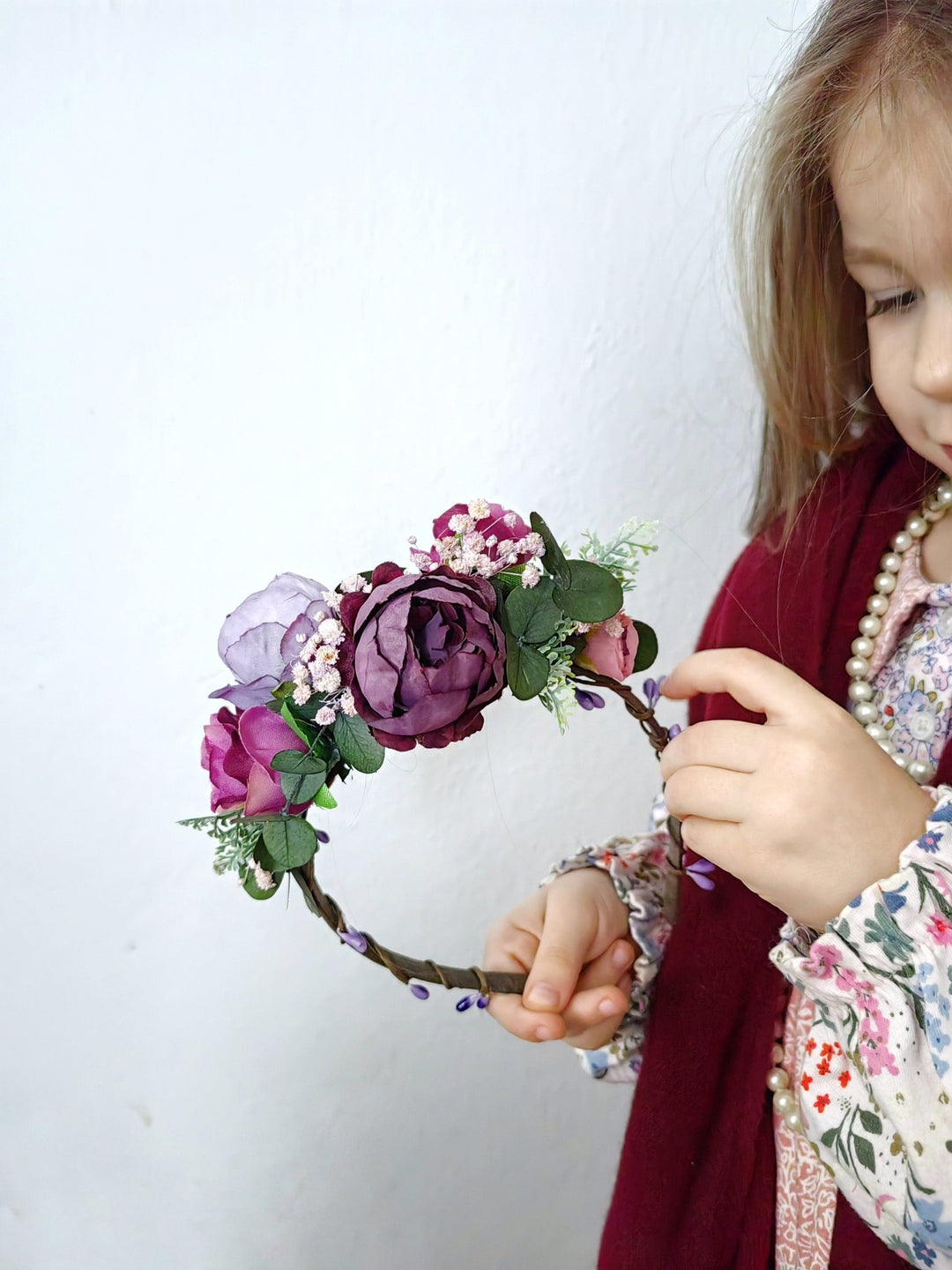 Purple Flower Girl Headband: Violet Peony & Eucalyptus Crown – handmade floral hair accessory by magaela