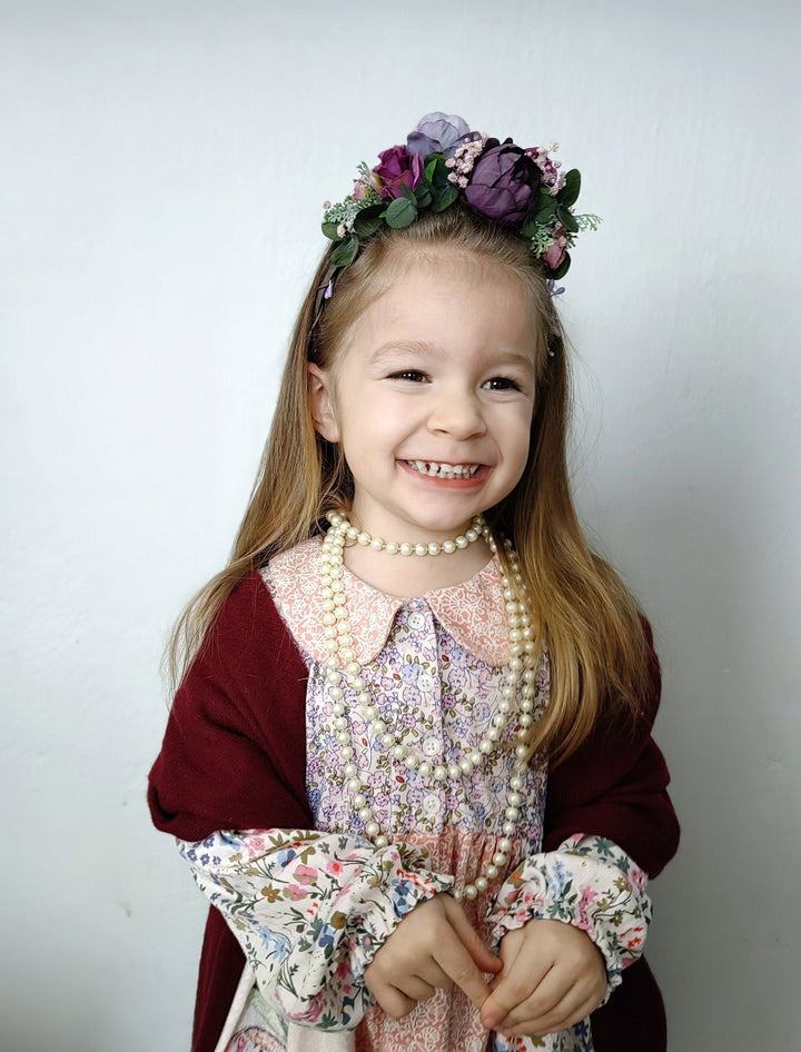 Purple Flower Girl Headband: Violet Peony & Eucalyptus Crown – handmade floral hair accessory by magaela