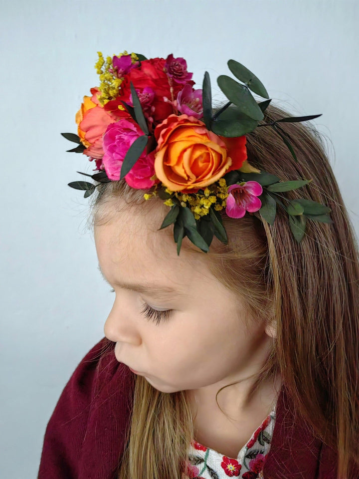 Frida Flower Headband: Pink, Red & Orange Hairband - Halloween Costume – handmade floral hair accessory by magaela