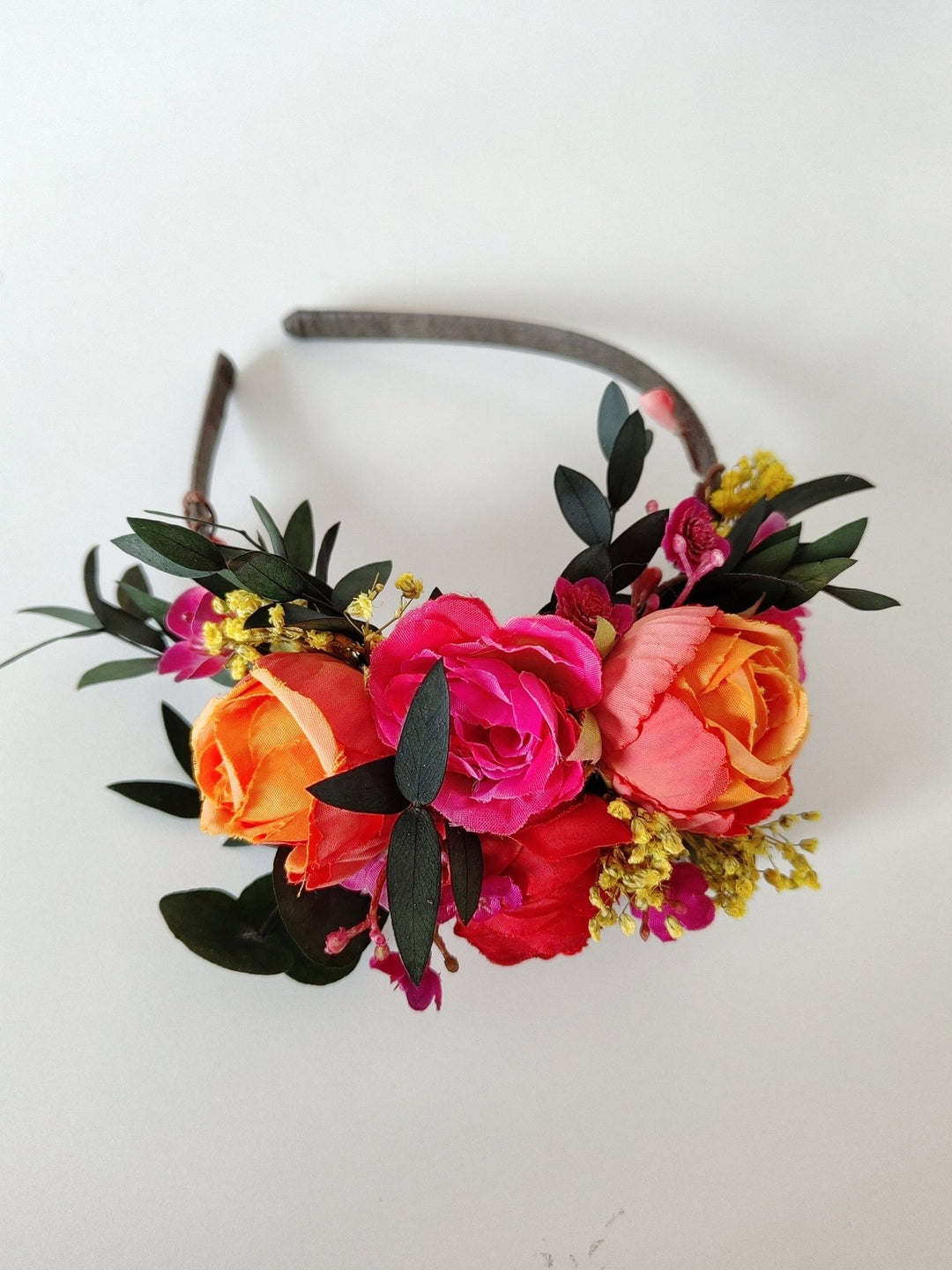 Frida Flower Headband: Pink, Red & Orange Hairband - Halloween Costume – handmade floral hair accessory by magaela
