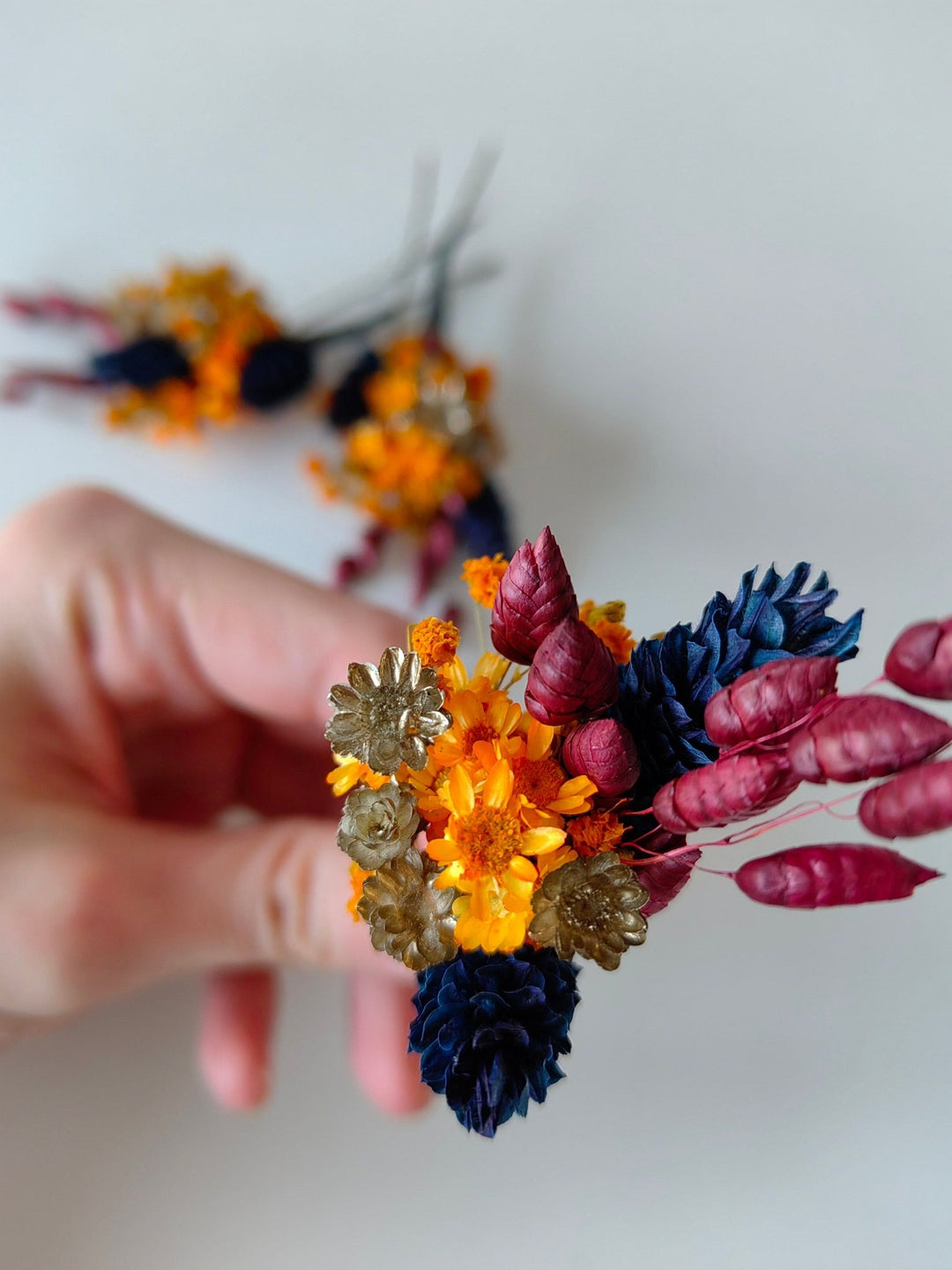 Autumn Flower Hair Pins: Burnt Orange & Navy Wedding Hair Flowers – handmade floral hair accessory by magaela