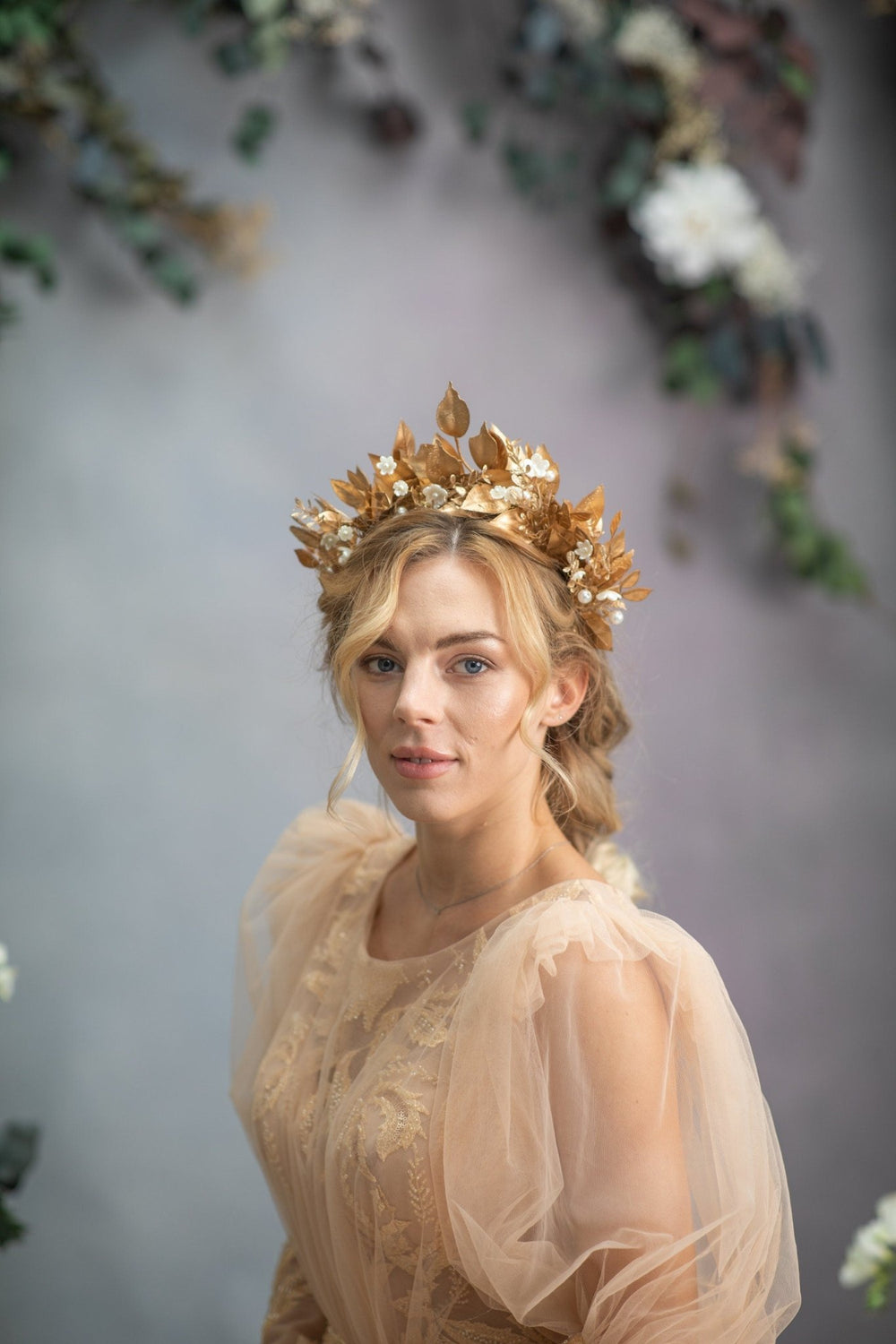 Golden Wedding Crown: Pearl & Leaf Hair Tiara – handmade floral hair accessory by magaela