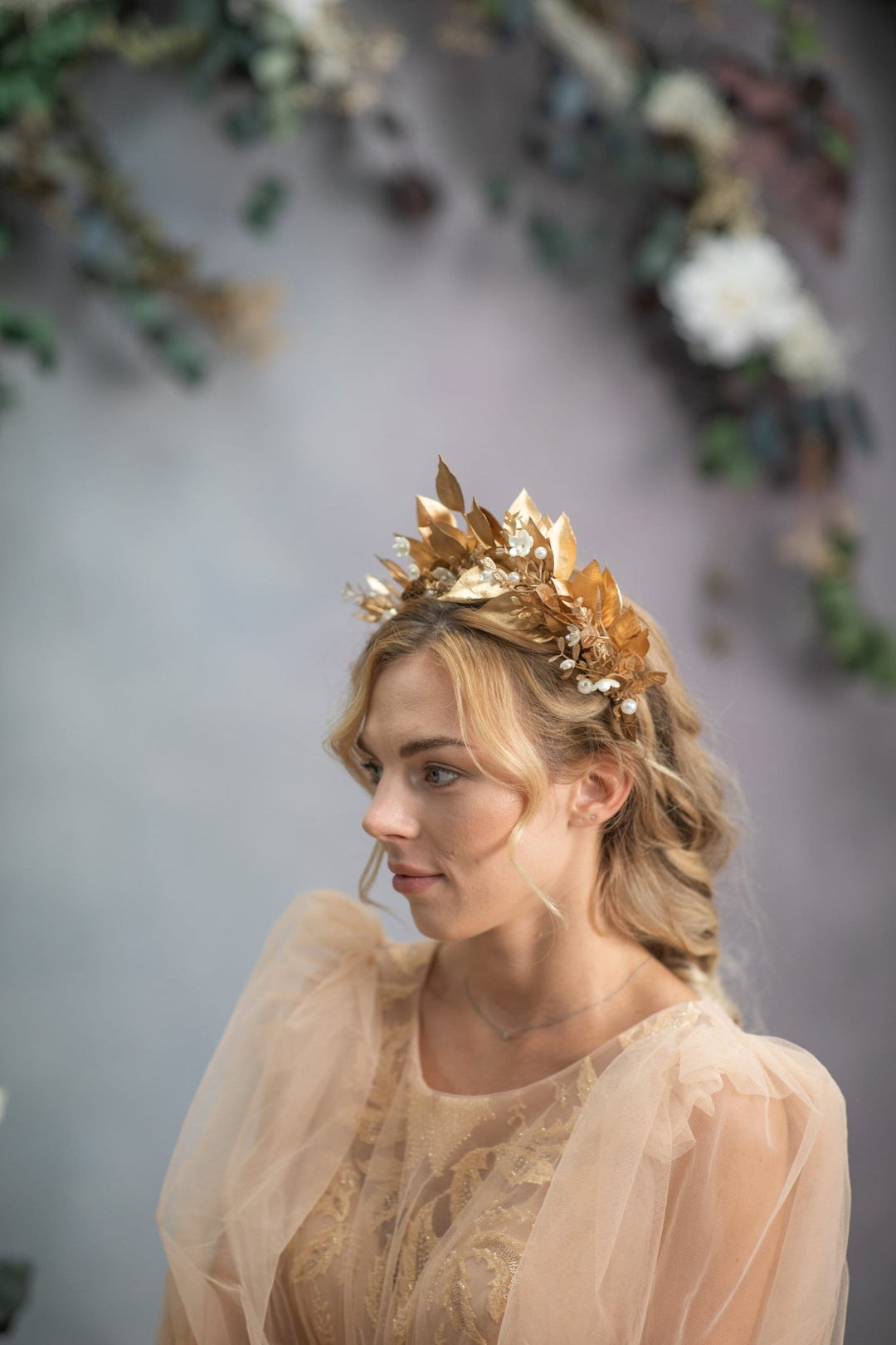 Golden Wedding Crown: Pearl & Leaf Hair Tiara – handmade floral hair accessory by magaela