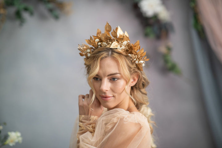Golden Wedding Crown: Pearl & Leaf Hair Tiara – handmade floral hair accessory by magaela