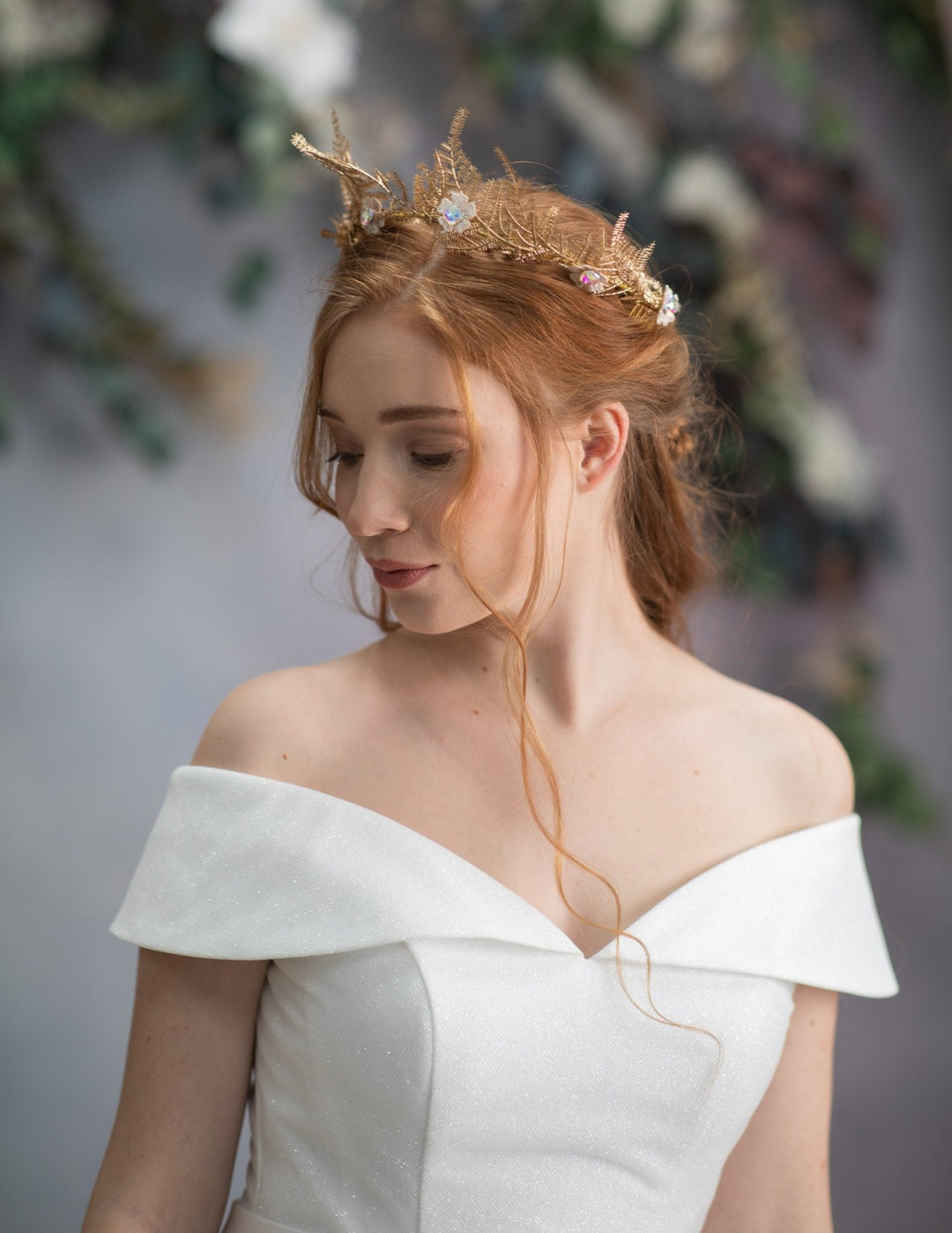 Golden Wedding Crown: Elegant Flower & Leaf Hair Tiara – handmade floral hair accessory by magaela