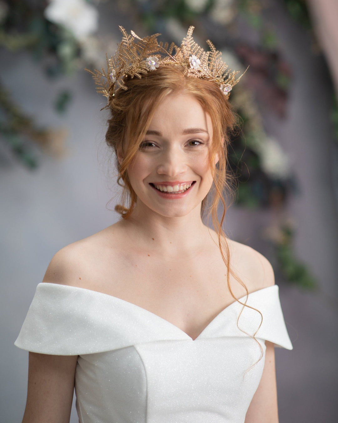 Golden Wedding Crown: Elegant Flower & Leaf Hair Tiara – handmade floral hair accessory by magaela