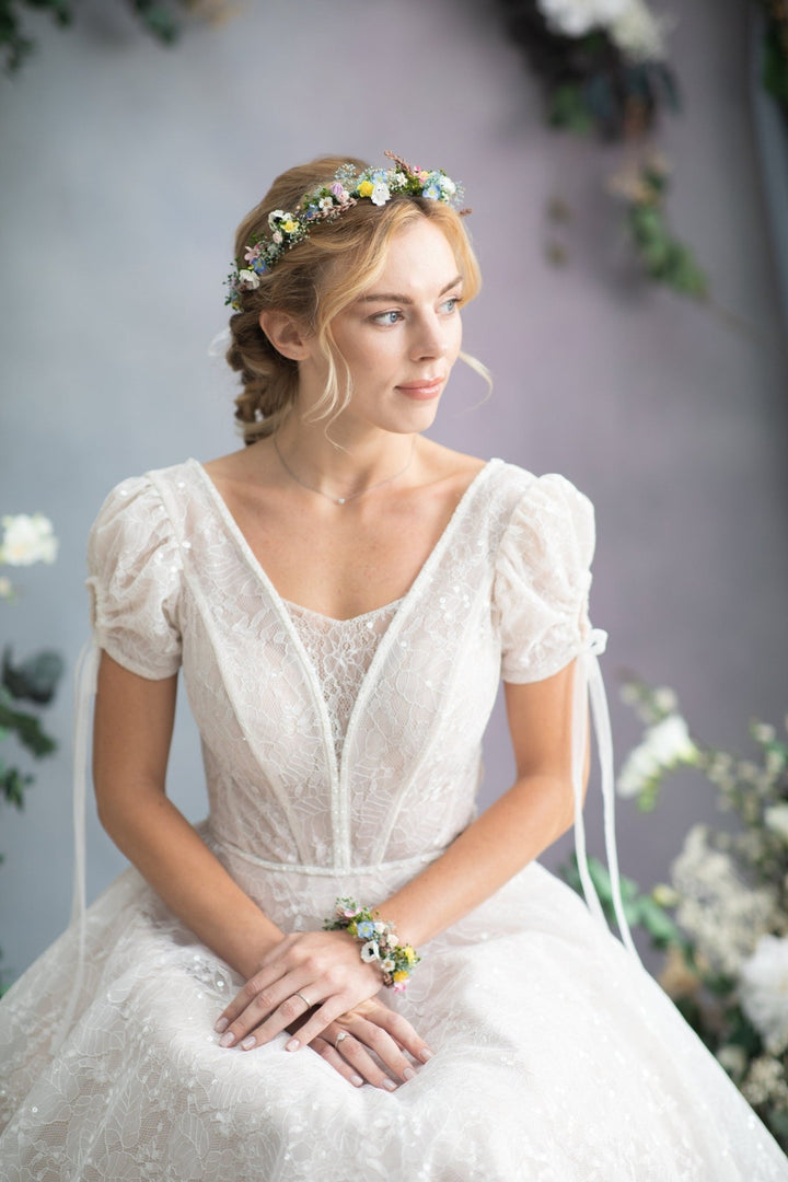Meadow Flower Wedding Bracelet: Forget - Me - Nots Wrist Corsage – handmade floral hair accessory by magaela