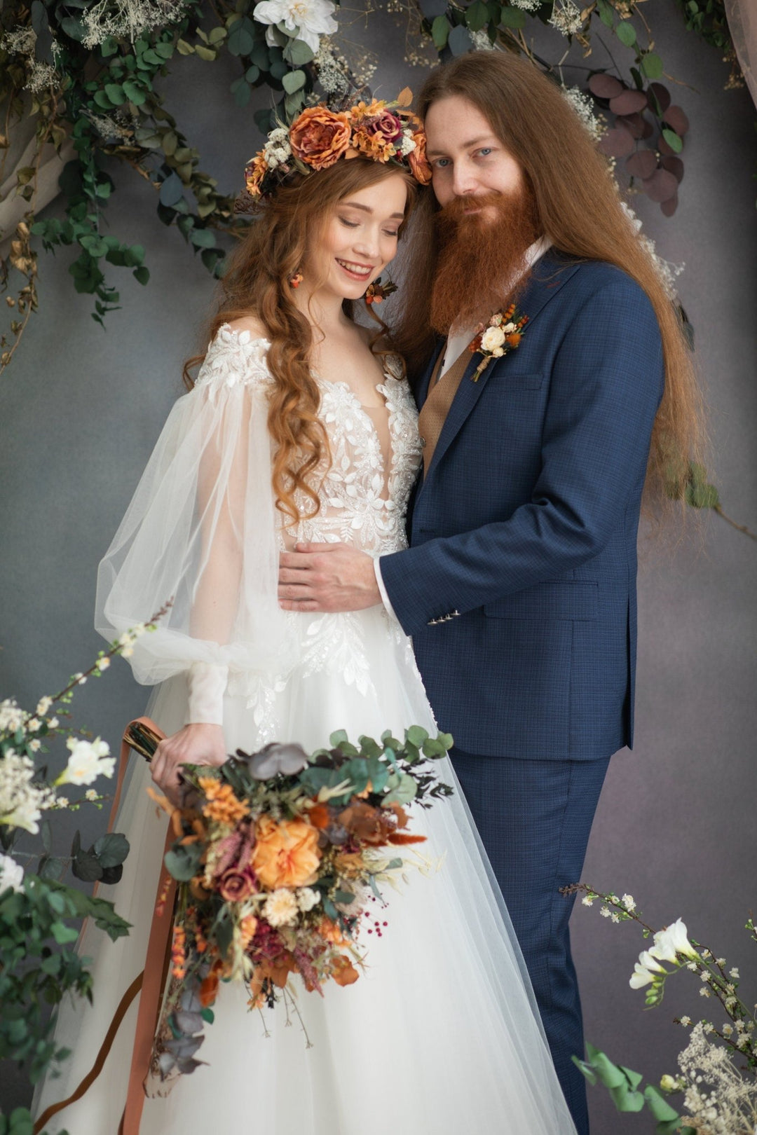 Large Boho Wedding Bouquet: Burnt Orange Autumn Bridal Bouquet – handmade floral hair accessory by magaela