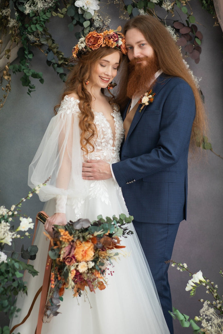 Large Boho Wedding Bouquet: Burnt Orange Autumn Bridal Bouquet – handmade floral hair accessory by magaela