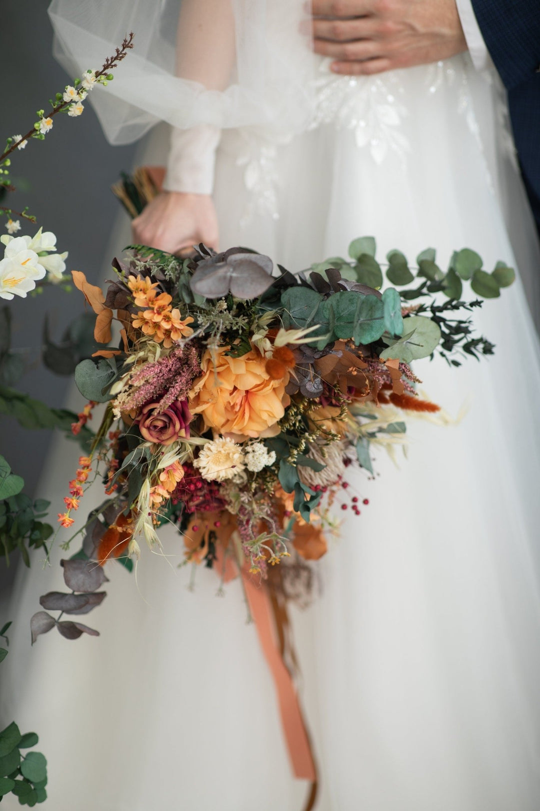 Large Boho Wedding Bouquet: Burnt Orange Autumn Bridal Bouquet – handmade floral hair accessory by magaela